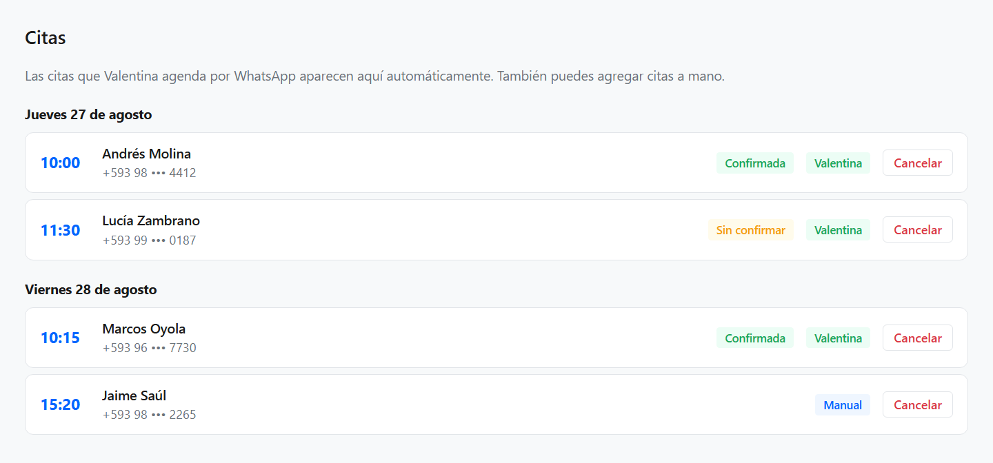 Lista de citas agendadas por Valentina, agrupadas por día
